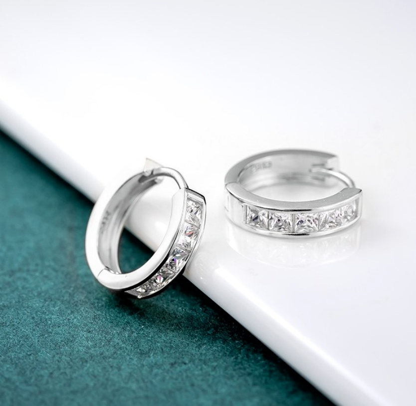 925 Sterling Silver Plated Square Cz Huggie Hoop Earrings Women Men