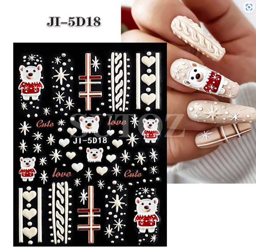 Christmas 5D Nail Art Stickers Snowflake Bear Heart Santa Decals Self-Adhesive
