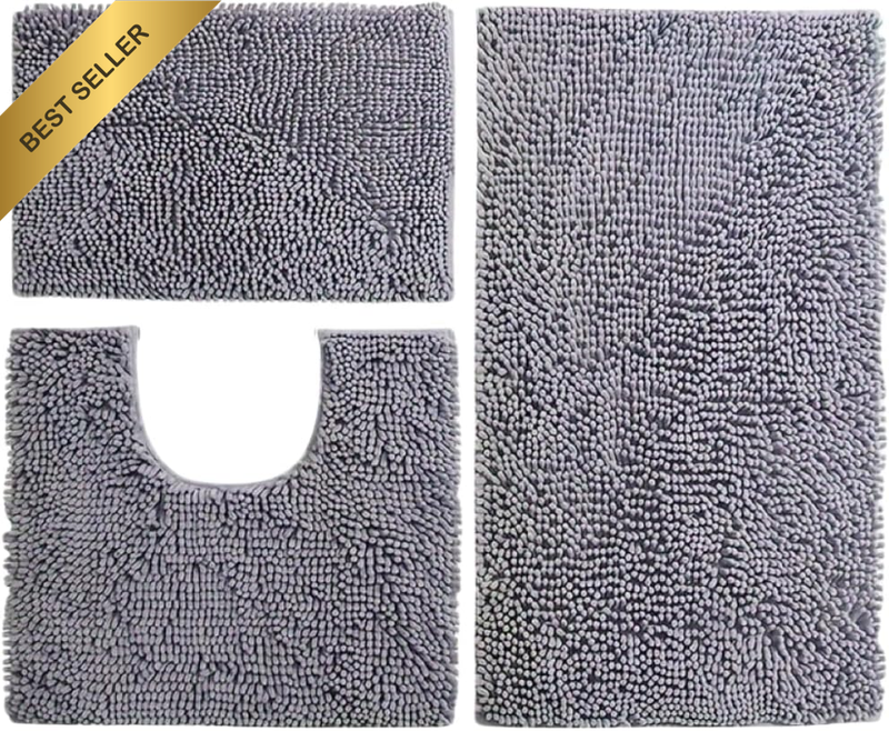 3 Piece Chenille Bathroom Rug Set Super Soft Non Slip Plush Bathroom Mat Absorbe