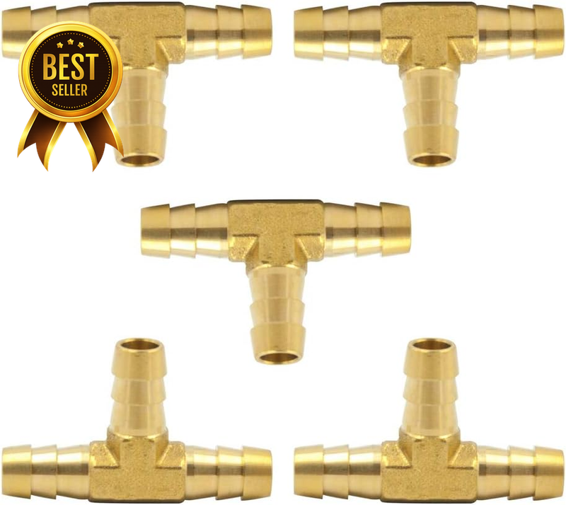 1/4-Inch 5-Pack Brass 3-Way Hose-Barb Tee-Fitting