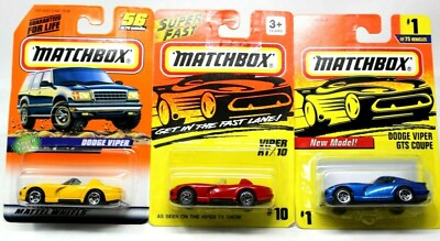 3 Matchbox Dodge Viper Lot GTS Coupe #1, RT/10 #10, Super Cars #56 VTG NEW D18