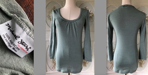 MICHAEL STARS USA-MADE SHINE TOP SHIRT SAGE GREEN ROUND NECK HIP LENGTH L/S EUC