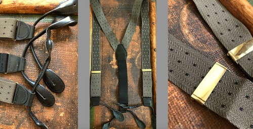 VTG USA NYLON KHAKI BLACK TEXTURED NYLON SUSPENDERS BRACES BLACK LEATHER EUC
