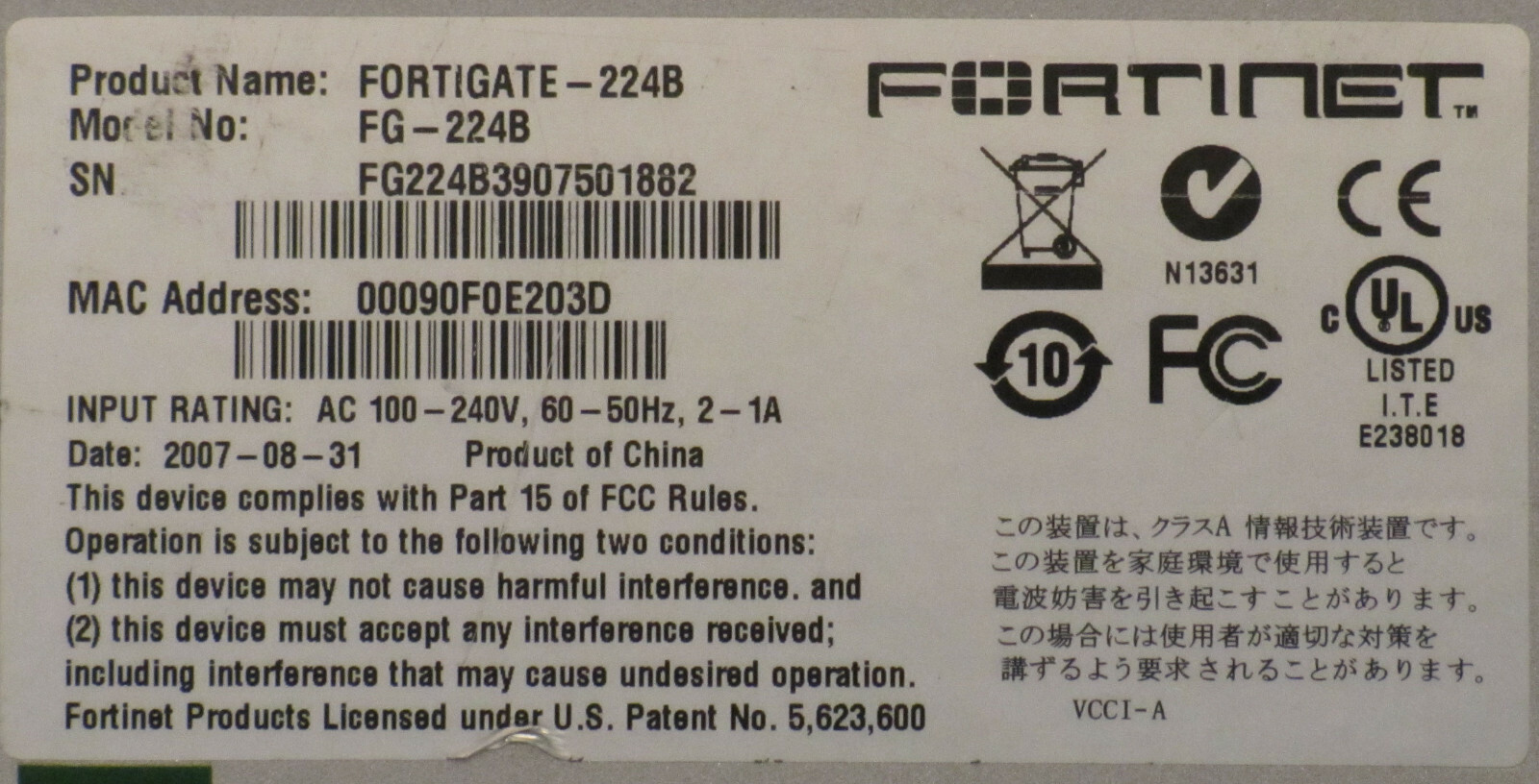 Fortinet FortiGate-224B FireWall Security 24-Port Rackmount Appliance