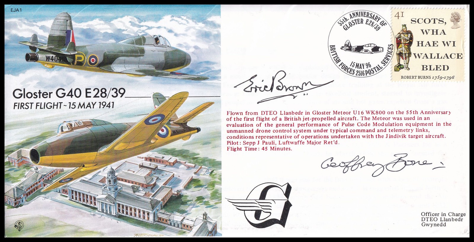Test Pilot ERIC WINKLE BROWN & GEOFFREY BONE Signed Gloster G40 RAF EJA1 Cover