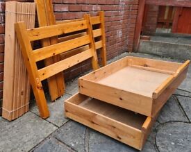 image for single size pine wood bed + 2 storage drawers. Strong frame, thick slats. Used but good condition. 