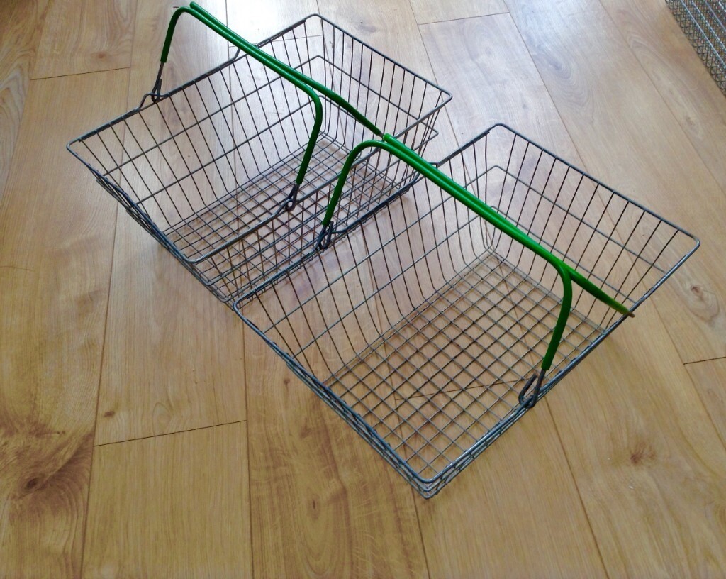 PAIR OF VINTAGE WIRE RETAIL SHOPPING BASKETS, LIME GREEN HANDLES