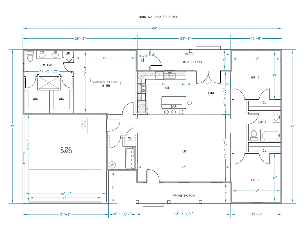 Ranch House Plans 1686 SF 3 Bed 2 Bath Open Floor Plan (Blueprints)
