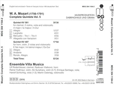 ENSEMBLE VILLA MUSICA MOZART: COMPLETE QUINTETS, VOL. 5 NEW CD