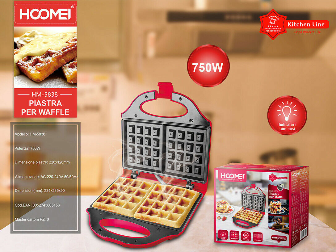 Piastra Elettrica Per Waffle Antiaderente 750w Con Led 22cm Hoomei Hm-5838