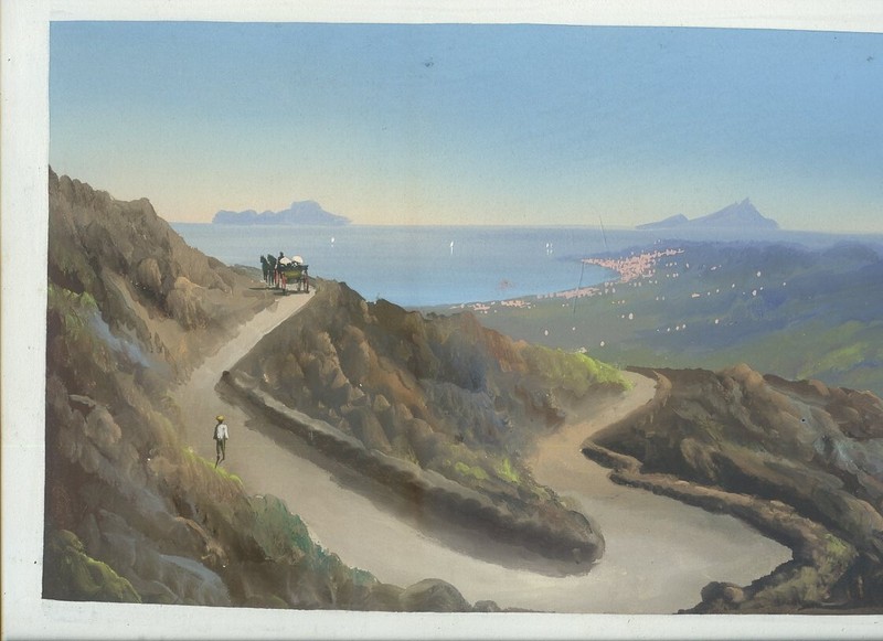 Gouache Napolitaine Depuis Les  Remparts Du VÃ©Suve Fin Xix Debut Xxe