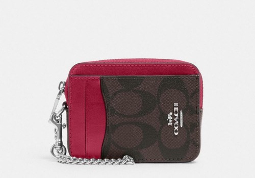 Coach Zip Card Case In Signature Canvas With Chain NWT