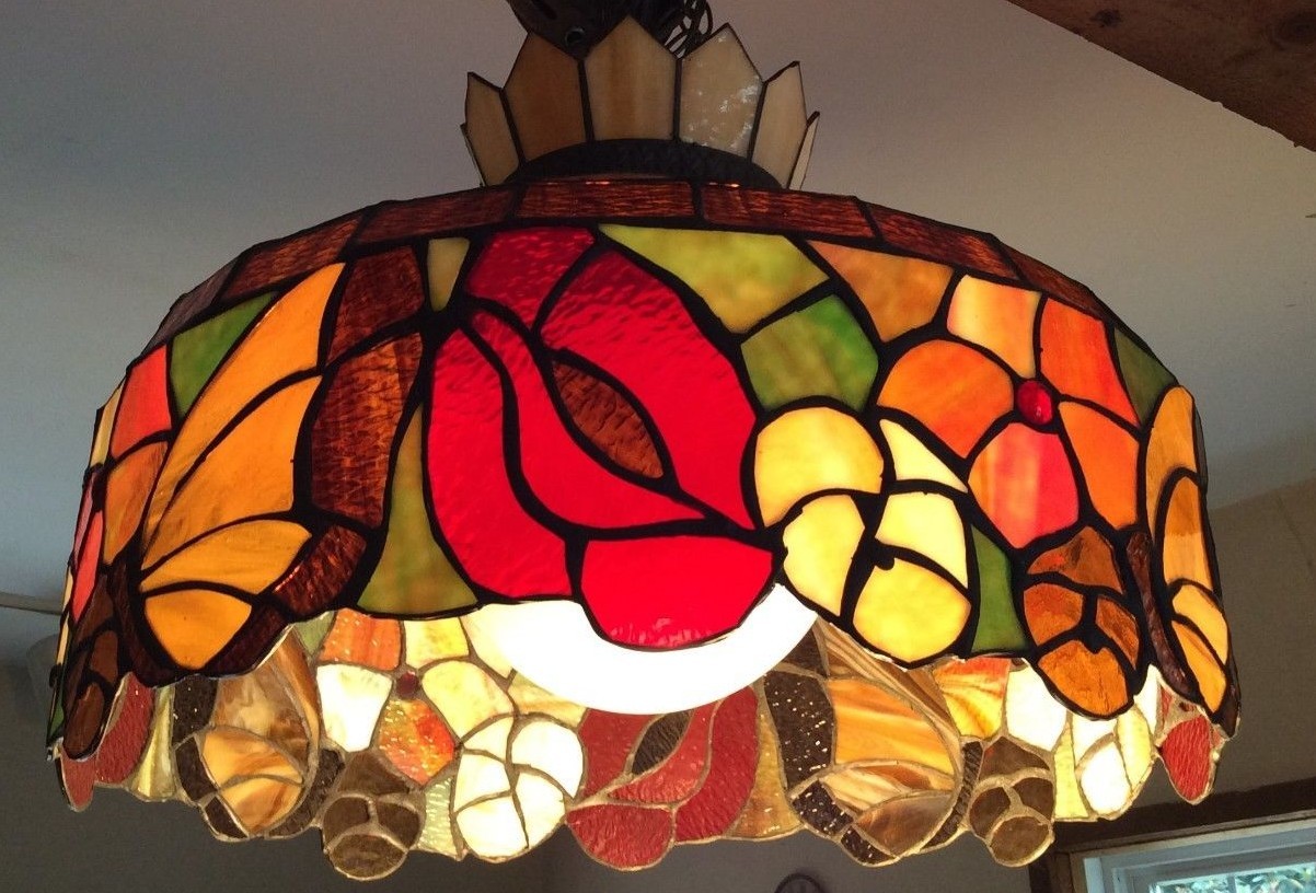 Vintage large stained slag glass multi colored lamp shade hanging - 20