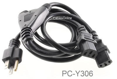 6ft AC US Standard NEMA 5-15P to 2x IEC-320 C-13 3-Prong Power Y-Splitter Cable