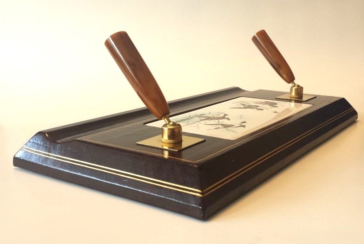 Vtg Desktop Dual Bakelite Pen Holders on Leather Covered Base Ceramic Duck Tile