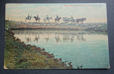 Range Riders and Round Up Wagon, North Dakota postcard posted selvage