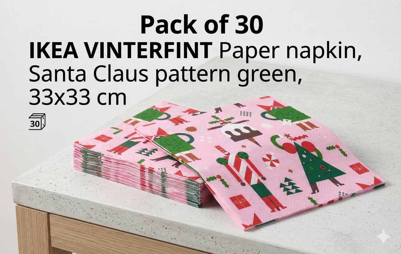 Pack of 30 IKEA VINTERFINT Paper napkin, Santa Claus pattern green, 33x33 cm