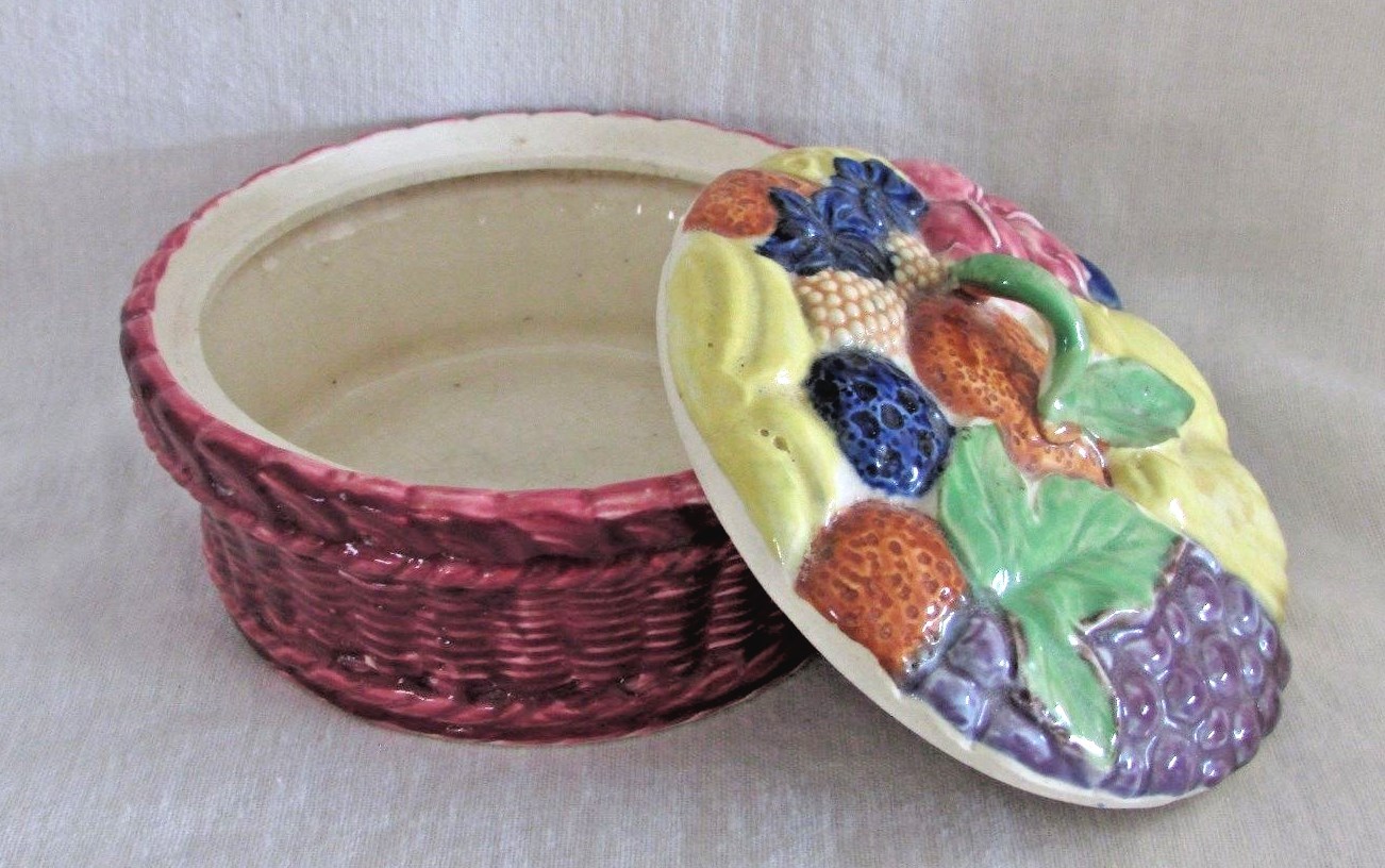 Basket-Shaped Dish, Colorful Fruit Lid, Hand Painted, Vintage Porcelain Covered