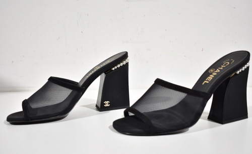 Pre-owned Chanel 22a Black Mesh Pearl Cc Logo Block Heel Backless Mule Sandal Pump 41