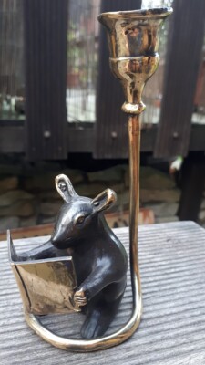 15cm Bronze Metall süße Maus Mäuschen + Buch am lesen Kerzen Ständer Leuchter