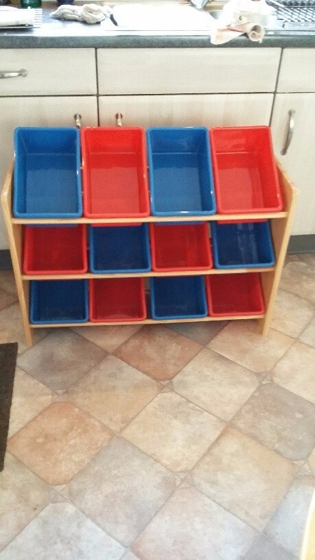 Wooden Storage Unit with 12 strong plastic tubs. Size 860cm w x 300cm d ...