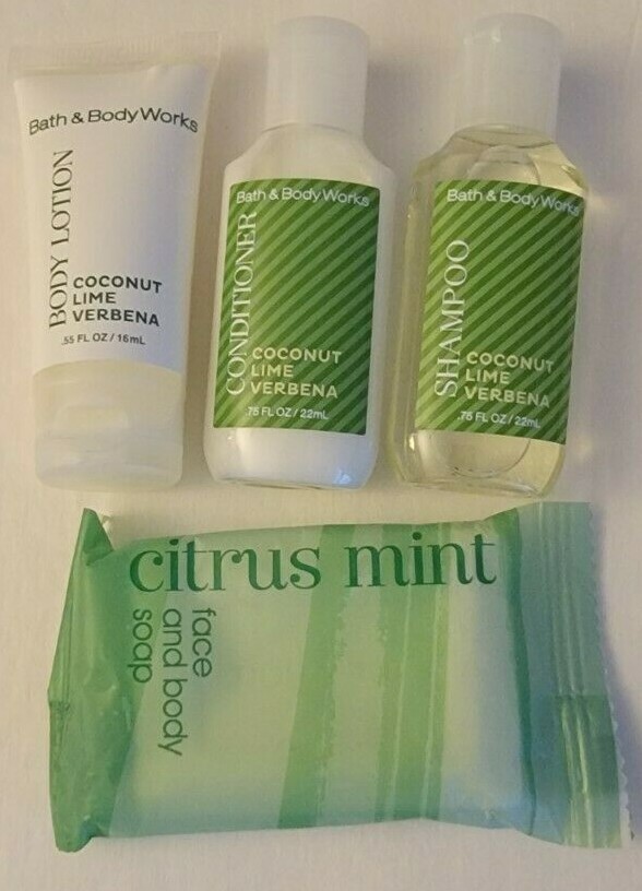 4 PCS Bath & Body Works Coconut Lime Verbena Lotion Shampoo & Conditioner Travel