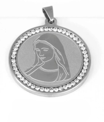 NEW Gift Inc Men's CZ Stainless Steel Silver 40mm Virgin Mary Pendant + Box
