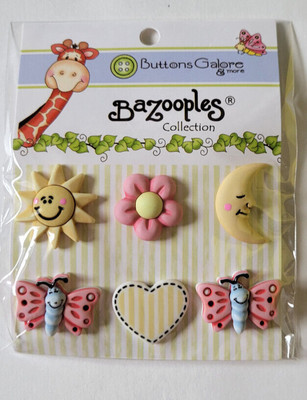 BaZooples Buttons Galore BZ-103 6 Buttons Sun Moon Flower Heart Butterfly New