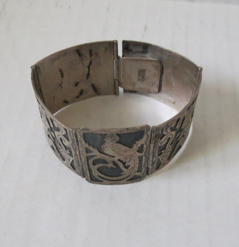 Antique Handmade Silver 900 Guatemala Geometric Link Bangle Bracelet