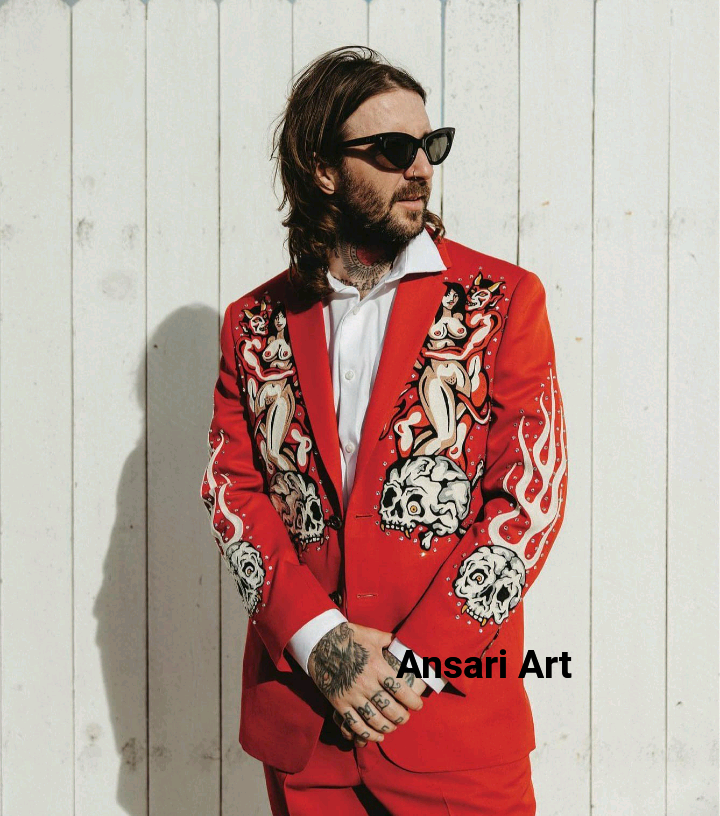 ART MEN RED 2PC BESPOKE SKELETON FLAMES FLORAL EMBROIDERED RHINESTONE COWBOY OUTFITS