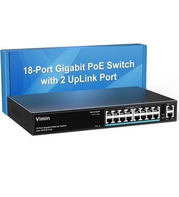 16 Port Gigabit PoE Switch with 2 Uplink Gigabit Ports, 18 Port Unmanaged Eth...