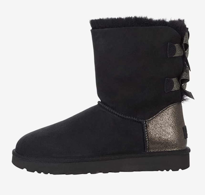 Pre-owned Ugg Bailey Bow Glitz Genuine Shearling Flat Boots Black Twinface Sheepskin Sz 10