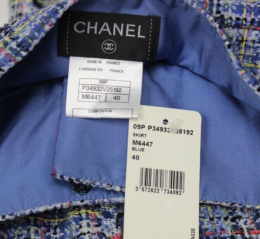 Pre-owned Chanel Skirt Tweed Blue Knee Pockets Zip Front Cc Logo High Waist 36 40