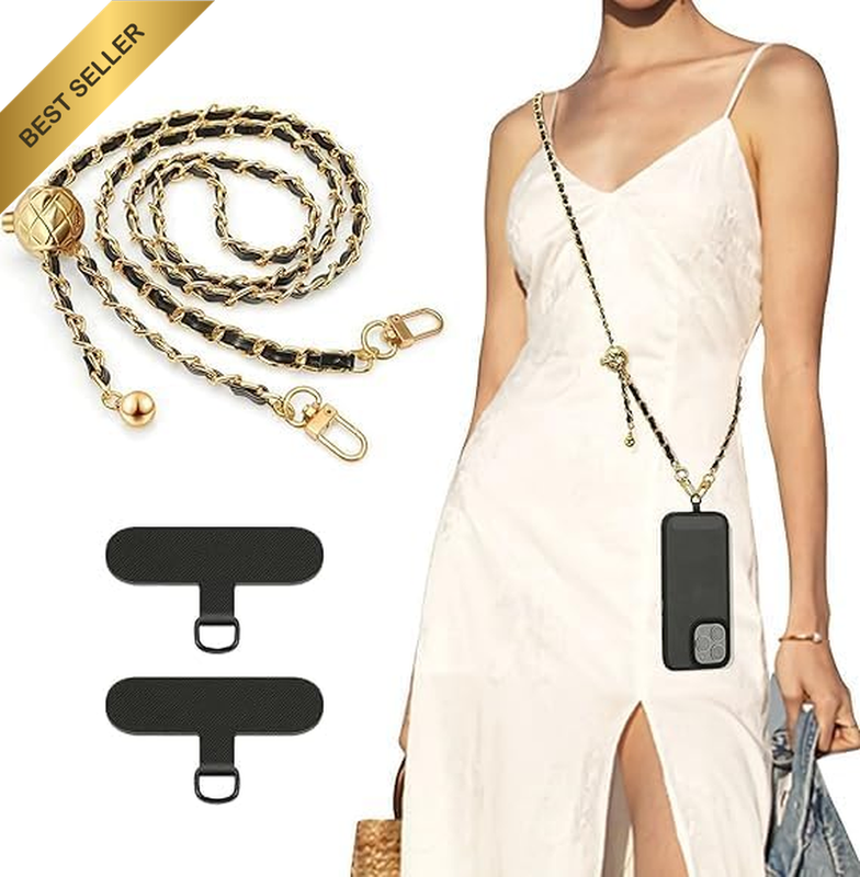 Universal Phone Lanyard Anti-Theft Crossbody Metal Chain Holder Gold Black