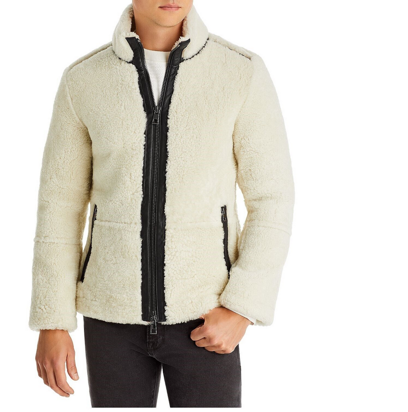 Pre-owned Michael Kors Mens Shearling Jacket Real Sherpa 100% Real Lamb Leather Size Large In White