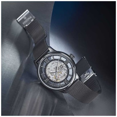 Pre-owned Festina Men's Automatic Skeleton | Black Mesh Bracelet | Black Dial F20535/1