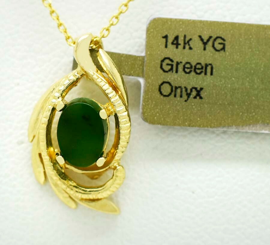 GENUINE 1.03 Cts GREEN ONYX PENDANT 14K YELLOW GOLD * Free Shipping * NWT