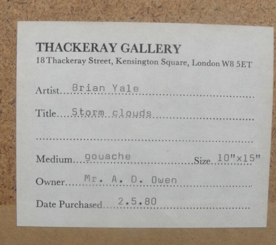 BRIAN YALE (1936 - 2009) - Original Gouache Painting - Storm Clouds. Beach Scene