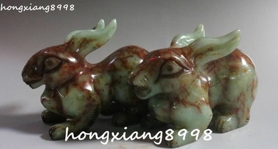 4&quot; Chinese Ancient Old Jade Carving Rabbit Rabbits Hare Animal Beast
