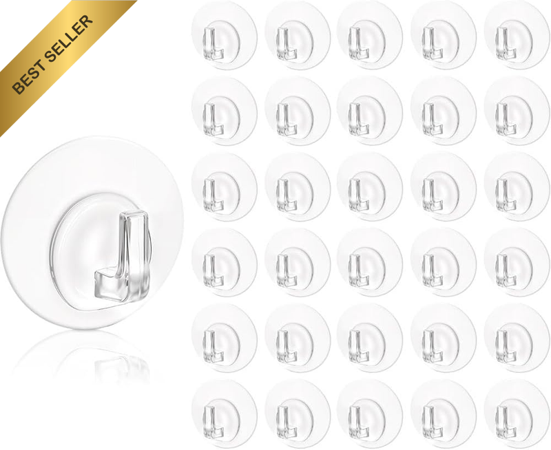 30Pcs Clear Waterproof Adhesive Hooks,Heavy Duty Reusable Wall and Door Hangers,