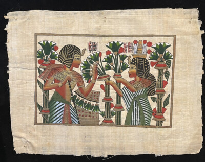 Hand-Painted Egyptian Papyrus Art - Garden Scene on Real Parchment 17''x13''