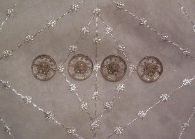 4 Vintage LA MODE Clear GLASS Box Shank BUTTONS Starburst Incised GOLD Overlay