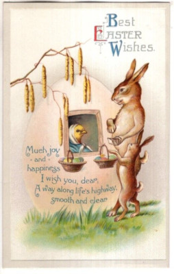 ANTIQUE EMBOSSED EASTER Postcard   BUNNIES BUYING EGGS FROM DRESSED CHICK IN EGG