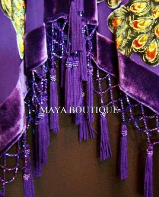Pre-owned Peacock & Rose Beaded  Silk Burnout Velvet Kimono Opera Coat Purple Maya Matazaro