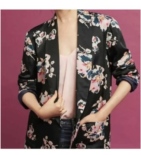 Anthropologie ett : twa Womens Satin Black Multicolor Floral Open Jacket Size M