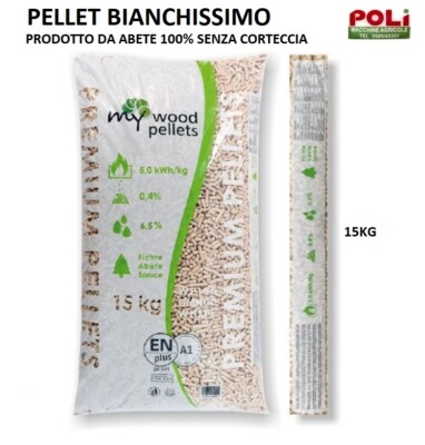 PELLET ABETE 100% SACCO DA KG.15 PELLET MY WOOD CERTIFICATO A1 BIANCO LATTE