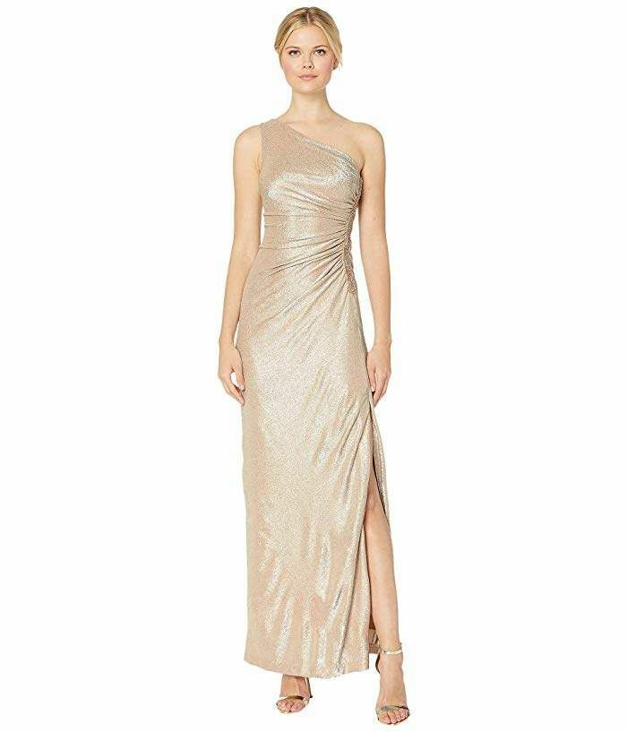 

НОВИНКА: потрясающее платье со сборками на одно плечо Calvin Klein NWT, размер , 16, Metallic gold