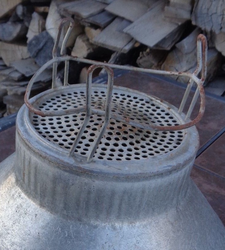 VINTAGE GALVANIZED STEEL MILK CAN FUNNEL STRAINER STEAMPUNK LAMP SHADE REPURPOSE