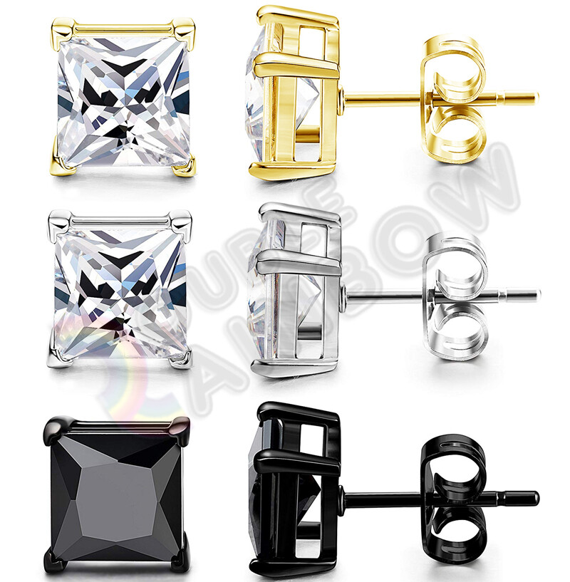 925 Sterling Silver Stud Earrings Men Women 3,4,5,6,7,8,10mm CZ Square