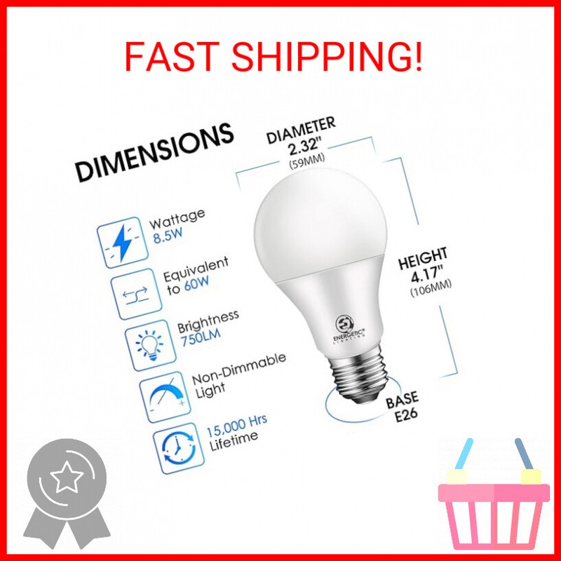 Energetic 24-Pack A19 LED Light Bulb, 60 Watt Equivalent, Daylight 5000K, E26 Me